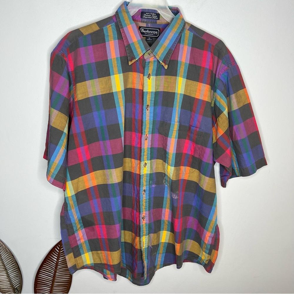 Vintage Burberrys plaid short sleeve Men’s‎ Shirt pink purple yellow H18